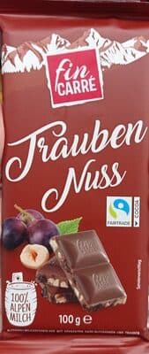 Alpenmelkchocolade met stukjes hazelnoten en rozijnen