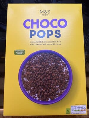 CHOCO POPS toasted puffed rice cereal fortified with vitamins and iron with cocoa
