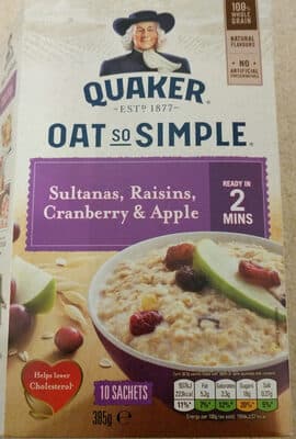 Quaker oat so simple sultanas raisins cranberry apple